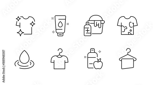 Line art icons of laundry care: clean shirts, detergents, and softener symbols