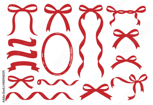 Set of red ribbons with bows, Vector design featuring a set of red ribbons and bows shaped like hearts and chili peppers for Valentine's Day, set of red ribbon bows