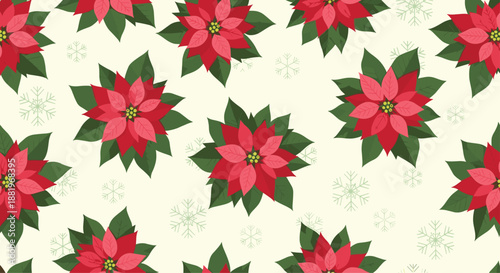 Festive seamless pattern of vibrant red poinsettia flowers and green leaves with faint snowflakes for christmas.