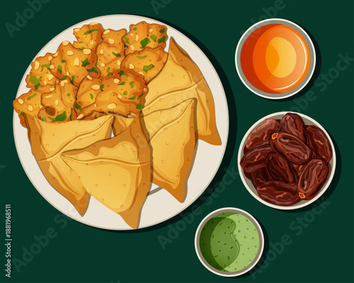 Iftar Food Flay Lay Illuystration. Samosa, Pakora, Mint Chutney, Orange Juice & Dates Isolated on Emerald Green Background