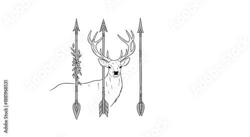 Artistic black and white line drawing of a male deer with large antlers positioned behind three vertical decorative arrows.