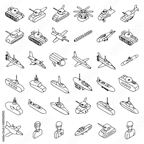 Isometric collection of military vehicles tanks aircraft helicopters and submarines