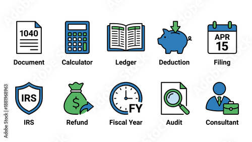 Tax and accounting icons. Financial vector collection. 1040 form, calculator, ledger, deduction, IRS, refund, audit, consultant. Business finance linear color. Money management signs