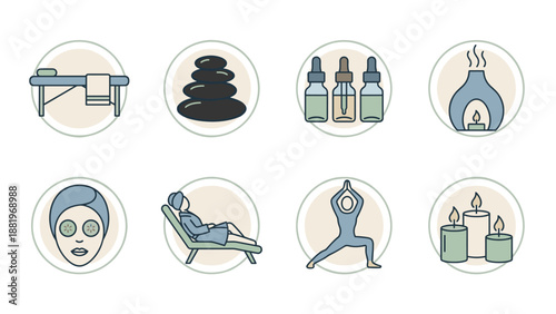 Spa and massage vector icons. Wellness symbols including massage table, hot stones, aromatherapy oils, facial mask, yoga, candles. Linear relaxation therapy. Beauty salon graphic set.