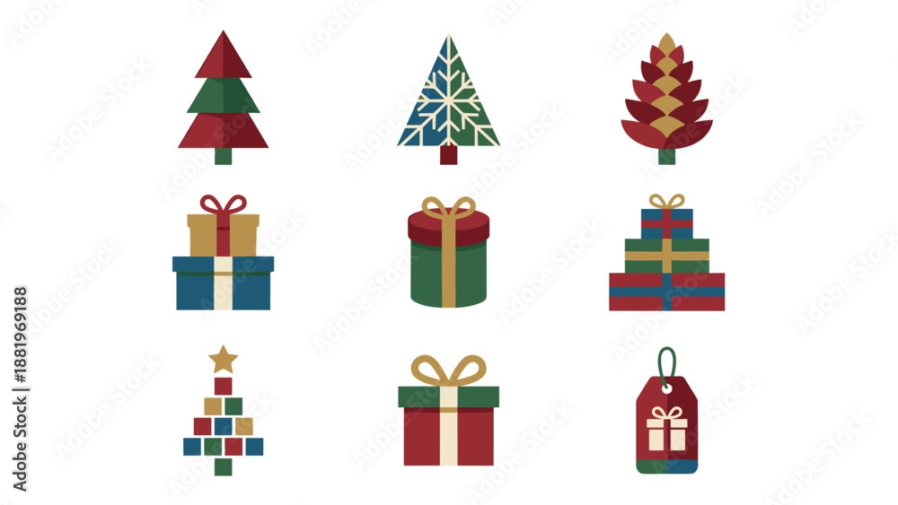 Fototapeta premium Christmas vector icons set. Collection of geometric holiday symbols. Flat design Christmas trees and gift boxes. Modern minimalist winter celebration elements. New Year decoration.