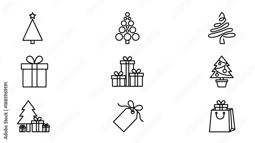 Obraz premium Christmas vector icon set. Minimalist line art. 9 winter holiday symbols. Xmas tree, gift box, shopping bag. Simple black outline. Festive celebration. Seasonal graphic elements.