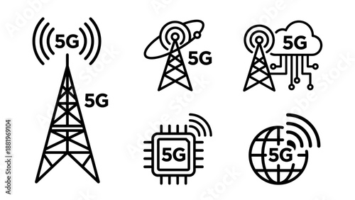 5G network technology vector icon set. Wireless internet connection symbols. Communication tower signal speed data. Global cloud chip processor mobile line art. Digital future web.