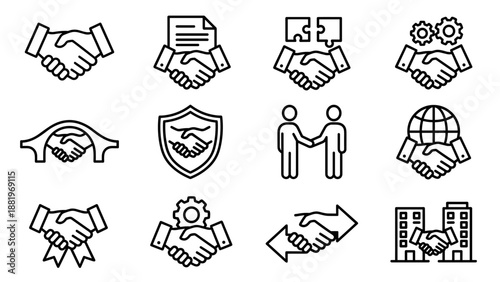 Business handshake line icon set. Partnership deal vector symbols. Agreement, contract, cooperation, teamwork outline. Corporate negotiation collection. Finance office success.