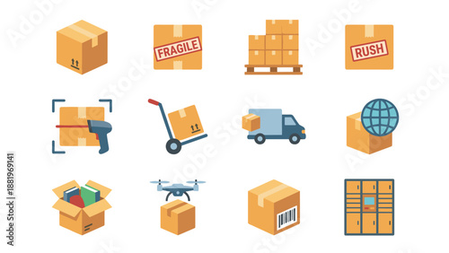 Logistics and delivery icon set. Shipping box cargo package symbols. Flat style distribution. Warehouse freight transportation. Supply chain commerce. Cardboard storage signs.