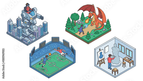 Isometric VR virtual reality gaming scenes. Metaverse technology concept. People in headset. Robot mech pilot, fantasy dragon battle, soccer stadium, art sculpting. Digital simulation.