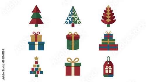 Christmas vector icons set. Collection of geometric holiday symbols. Flat design Christmas trees and gift boxes. Modern minimalist winter celebration elements. New Year decoration.
