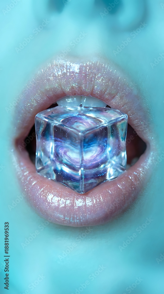 Obraz premium Close up macro shot of female mouth biting transparent ice cube containing blue purple cosmic galaxy nebula stars inside representing fantasy sci-fi art surrealism concept