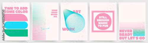 Pastel abstract typography poster templates with geometric shapes, gradient stripes, wireframe spiral, minimal modern Swiss Y2K design. Retro Wave Poster Set.