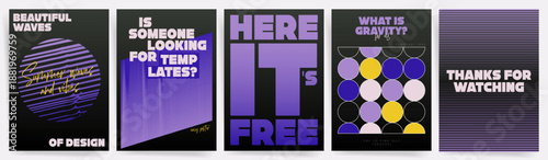 Retro synthwave vaporwave poster templates with neon typography, gradient line art, op art waves, futuristic club event cover design