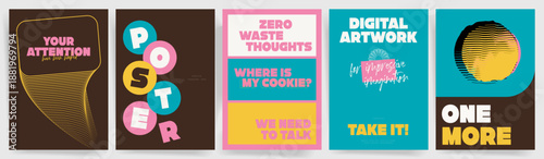Bold colorful retro typography poster templates with color block shapes, vintage pop art lettering, abstract lines, modern Y2K cover design