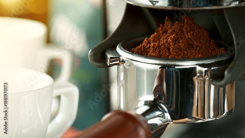 Bild auf Leinwand Close-up Slow Motion of Grounding Coffee from Coffee Machine