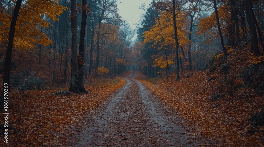 Fototapeta premium Autumnal forest path in misty weather