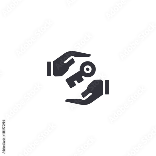 Hands holding house with key icon representing property handover, home ownership transfer, and real estate closing process.