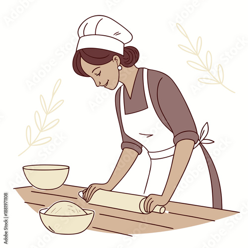Skilled female baker kneading fresh bread dough in a bakery kitchen, artisanal baking process and culinary craftsmanship concept illustration.