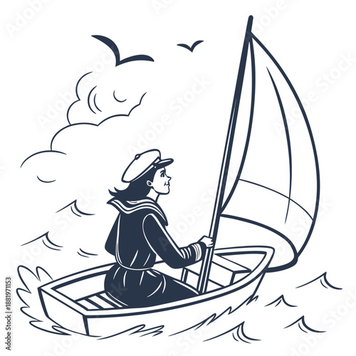 Adventurous woman sailing on a small boat in the ocean, nautical travel and summer vacation leisure activity vector illustration.