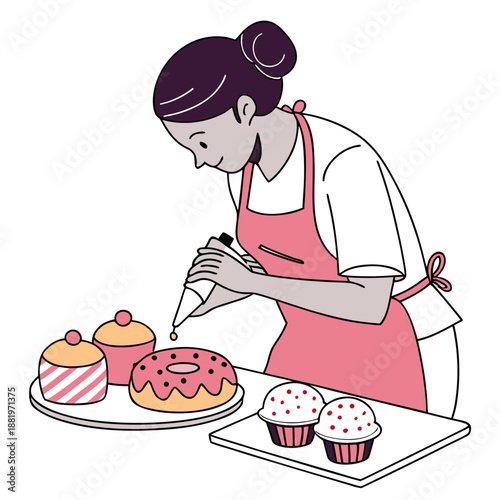 Kitchen vector illustration of a female baker decorating delicious pastries with icing and fresh toppings in a bakery.