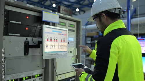 Electrical engineer male checking voltage at the Power Distribution Cabinet in the control room,preventive maintenance Yearly,inspecting power system and control panel in industrial factory