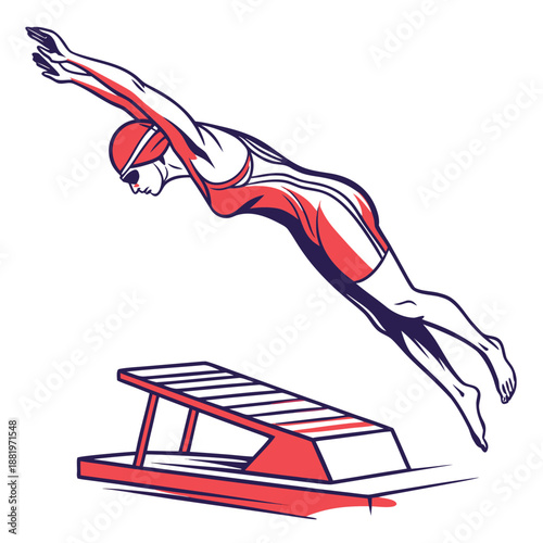 Dynamic Female Swimmer Diving off Platform into Pool Vector Illustration
