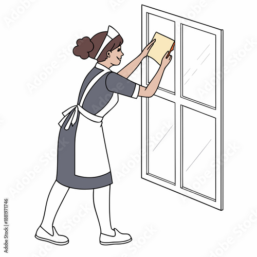Woman cleaning a glass window at home, domestic housekeeping and glass care routine vector illustration
