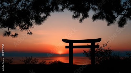 Serene Japanese Torii Gate Silhouette at Sunrise During New Year