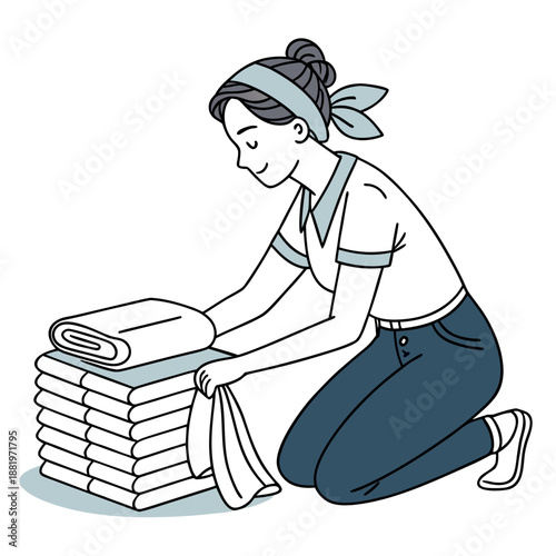 Woman folding towels neatly at home, household organization and laundry routine vector illustration