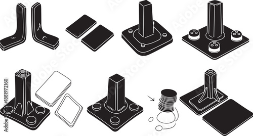 Detailed isometric illustration of various metal part components assembled