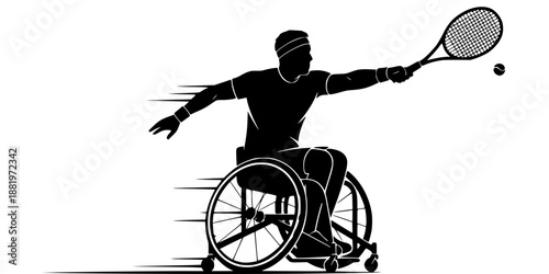 A wheelchair tennis player in a dynamic leaning pose, hitting a forehand shot.