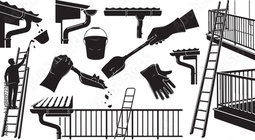 Black and white illustration of gutter cleaning tools and equipment