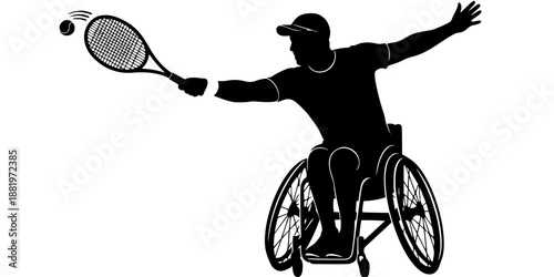 A wheelchair tennis player in a dynamic leaning pose, hitting a forehand shot.