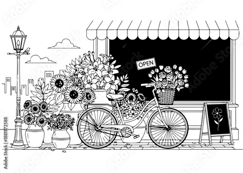 Charming storefront of a flower shop featuring a vintage bicycle with a basket full of blossoms and floral arrangements in a beautiful black and white hand drawn sketch vector illustration.