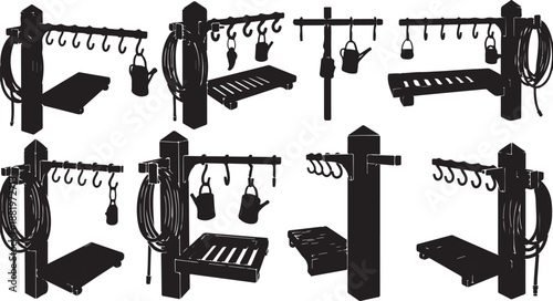 Black silhouettes of various kitchen utensil holders and accessories