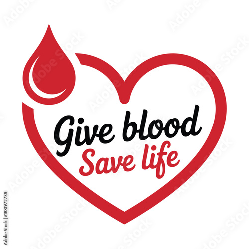 Red heart with blood drop and give blood save life text icon