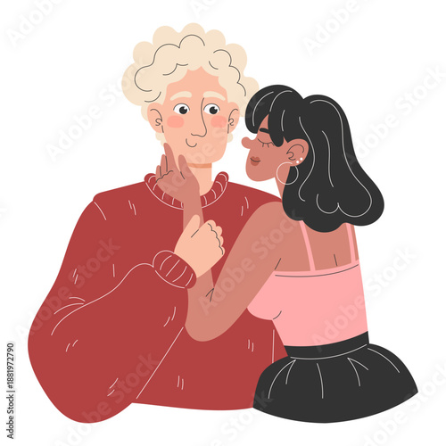 Interracial Couple in Love, Girl Kissing Her Boyfriend on Cheek, Valentine’s Day Flat Style Illustration for Greeting Card