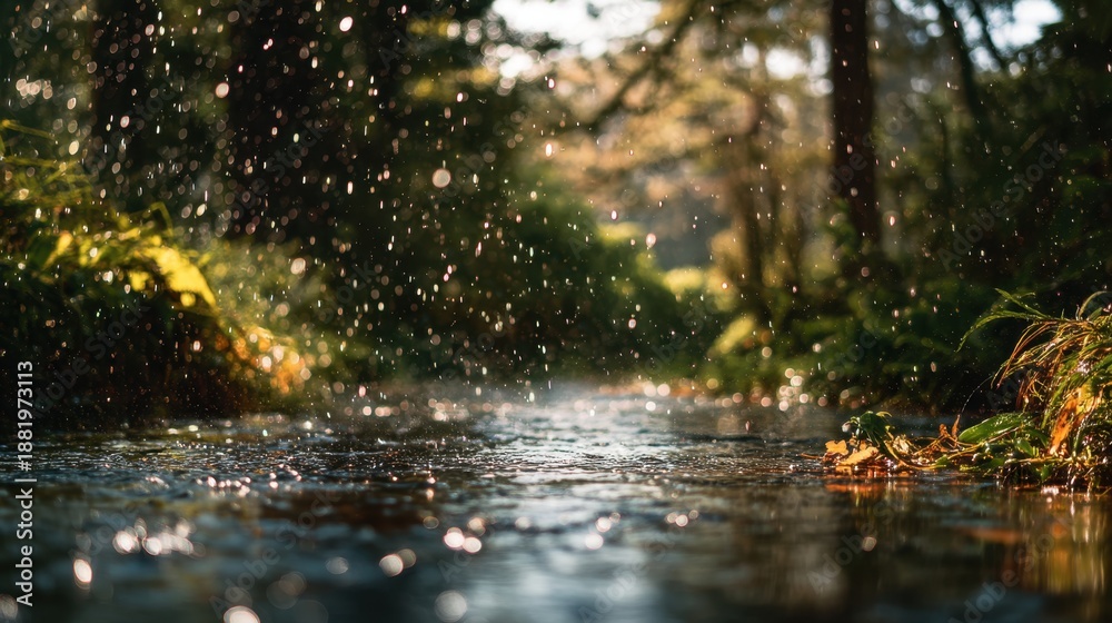Fototapeta premium Serene forest creek with sunlit water drops and lush greenery.