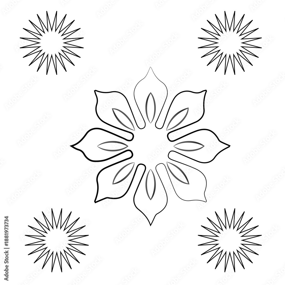 Obraz premium A decorative floral design featuring a central stylized flower with petal details and four surrounding starburst shapes on a white background.