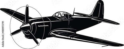 Vintage propeller aircraft silhouette, retro military fighter airplane, aviation illustration, classic warbird design, black and white vector, historical flight concept