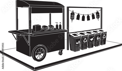Black and white food cart with trash cans illustration
