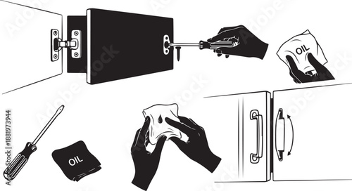 Hands assembling furniture with tools and hardware components included