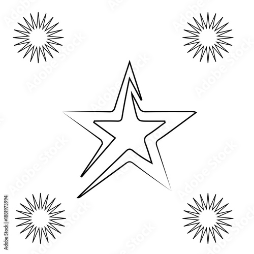 a large stylized star symbol with a thin outline is centrally positioned with four smaller spiky starbursts scattered around it on a clean white background isolated on transparent background
