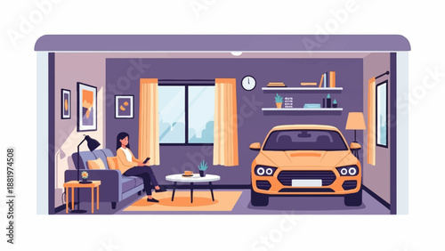 Woman relaxes in a living area next to a parked vehicle