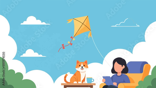 Woman relaxes with cat and tablet as kite flies in blue sky with clouds