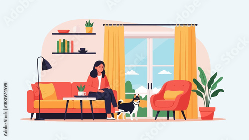 Woman relaxing indoors with a dog and plants, sunny window view