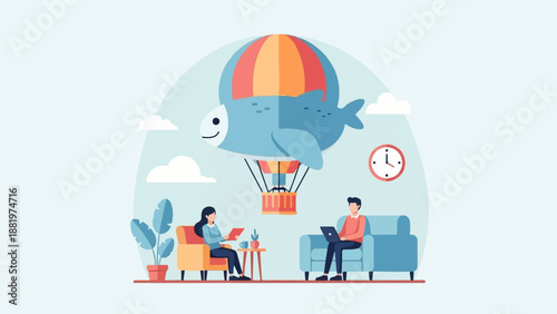 Whimsical fish-shaped hot air balloon soars above people working in cozy indoor setting