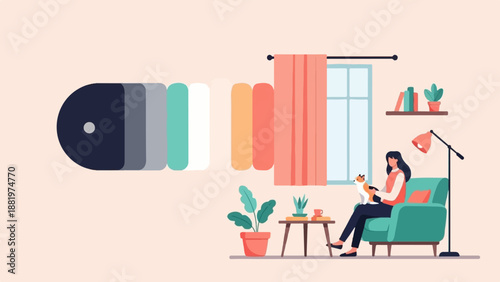 Woman sitting with dog in armchair, with color palette and window