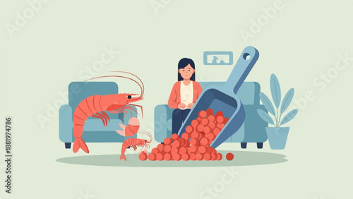 Woman scooping red eggs near large shrimps by a sofa and plant